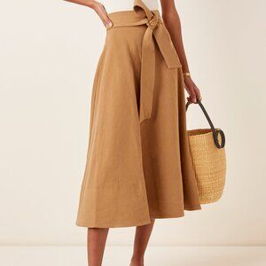 St. Agni Manami Belted Cotton-Linen A-Line Midi Skirt NWT